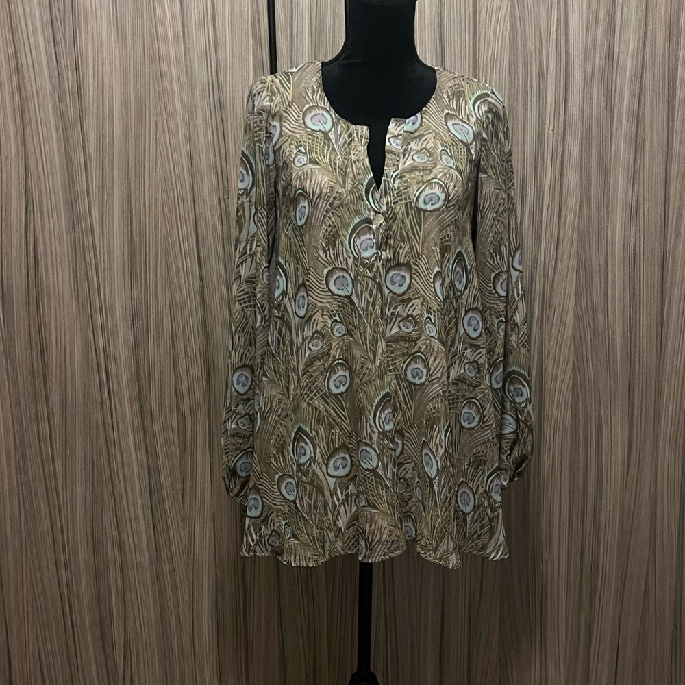 Show Me Your Mumu Tan Peacock Feather Tunic Blouse S Small